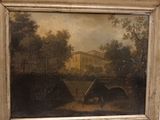 an old painting of a farm scene with a house in the background