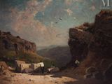 une image représentant un tableau d'un paysage rocheux survolé par un oiseau