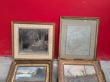 two framed paintings of a landscape and a painting of a river