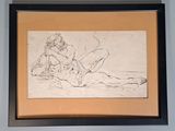 dessin encadré représentant une femme nue et un homme sur une plage