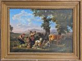 an oil painting of a group of people and animals in a field