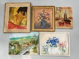 quatre tableaux encadrés représentant une femme, un bateau et un vase de fleurs