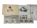 several drawings of a woman and two swans on a white background