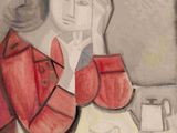 tableau représentant une femme assise à une table avec une tasse de café
