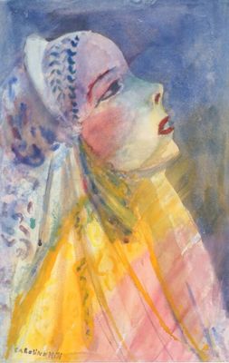 un tableau représentant une femme portant un foulard jaune et un chapeau blanc