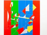 an image of a painting of a plane flying over a colorful background