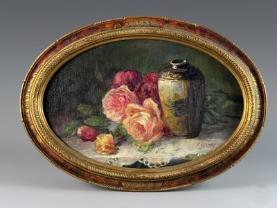 a painting of roses and a vase on a table