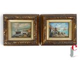deux tableaux encadrés représentant des bateaux sur l'eau et un homme dans un bateau