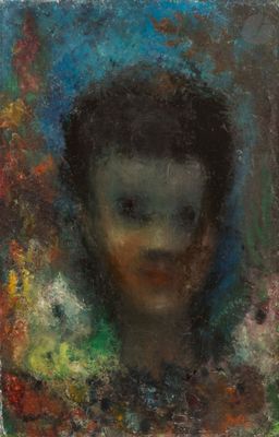 a painting of a woman ' s face with a blue background