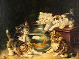 tableau représentant un groupe de chatons jouant avec un poisson dans un bocal