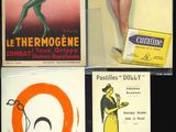 four vintage french advertising posters of a woman in a bathing suit and a man in a bathing suit