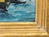 an oil painting of a boat in a body of water with people in it