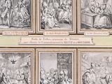 several pictures of a series of paintings of people in a room