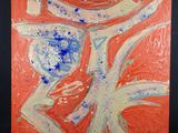une peinture abstraite réalisée à la peinture bleue et orange sur fond noir