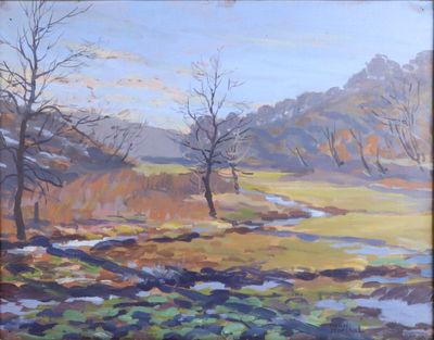 an oil painting of a field with trees and a stream