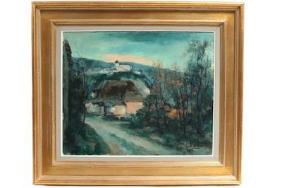 une image représentant une peinture d'une route de campagne avec une grange en arrière-plan