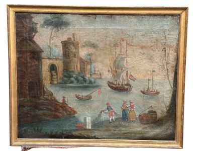 une image représentant une peinture d'une scène portuaire avec des bateaux sur l'eau