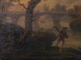 a painting of a man fishing in a river