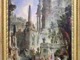 une peinture à l'huile sur toile représentant un paysage avec une fontaine et des personnages
