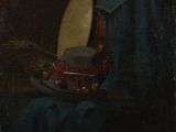 un vieux tableau représentant un chapeau et un tissu bleu posés sur une table