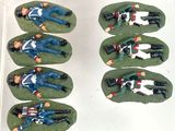 many figurines of men in uniform in a display case