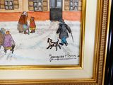 une photo d'un tableau représentant des personnes et un chien dans la neige