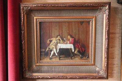 a painting of a group of people sitting at a table