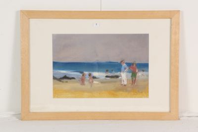 tableau représentant une scène de plage avec des personnes marchant sur le sable