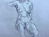 drawing of a woman sitting on her knees with her arm raised