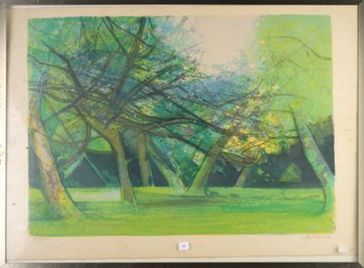 a picture of a painting of trees in a field