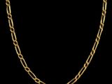a gold chain necklace with a flat link on a black background