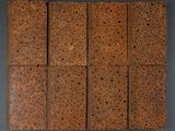 six square pieces of wood with holes in them on a blue surface