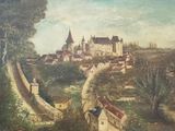 painting of a view of a town with a castle in the distance