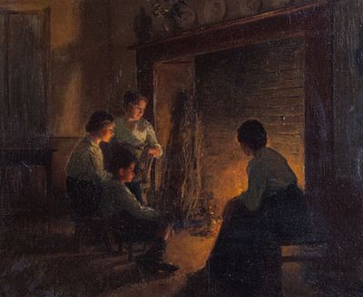 a painting of a group of people sitting around a fire place