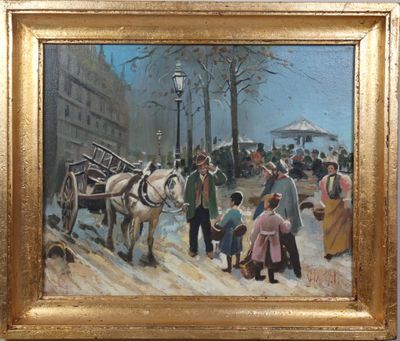a painting of a horse drawn carriage on a snowy street