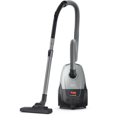 a silver and black vacuum cleaner with a black handle