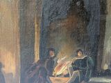 a painting of a group of people sitting around a fire
