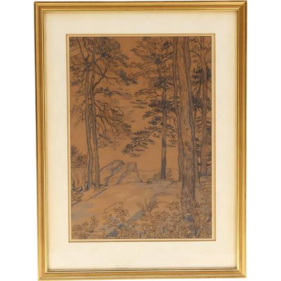 un dessin représentant un paysage boisé avec des arbres et un sentier
