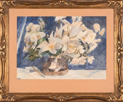 une peinture de fleurs dans un vase sur une table