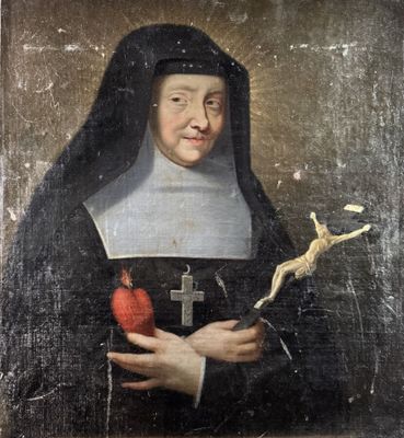 portrait d'une religieuse tenant une pomme et un oiseau dans ses mains