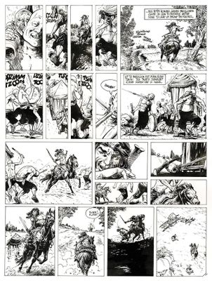 une page en noir et blanc tirée d'une bande dessinée, sur laquelle figure l'image d'un homme à cheval