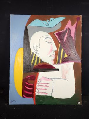 une peinture à l'huile représentant une femme avec un oiseau sur la tête