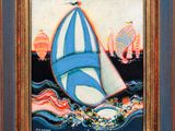 an oil painting of a sailboat on the water with a sunset in the background