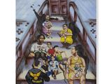 une peinture représentant un groupe de personnes assises sur un banc