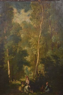 an oil painting of a woman and two children in a wooded setting