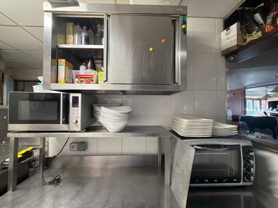 stainless steel counter top in a commercial kitchen with microwave and dishwasher