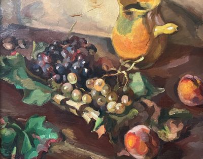 a painting of a pitcher and some fruit on a table
