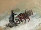 un tableau représentant une femme tirant un traîneau tiré par un cheval
