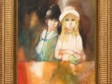 tableau représentant deux jeunes filles coiffées de chapeaux, assises à une table