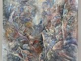 an abstract painting of a group of birds flying over a forest
